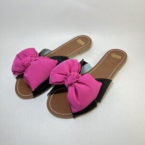 Frances Valentine Bow Flat Sandals Pink Bow Plush EUC Size 6.5 Best For Size 6